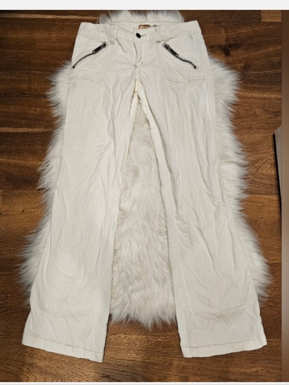 split Cream Boot Cut Corduroy Pants with Angled Zip